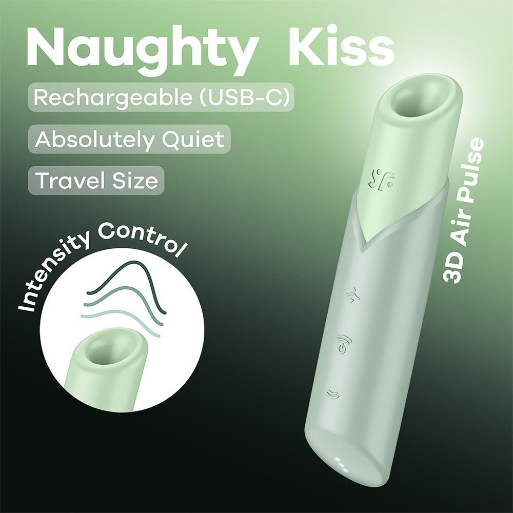 Вакуумный стимулятор Satisfyer Naughty Kiss для клитора, зеленый, 12 х 2.7 см фото №6 — секс игрушки: Украина, NO TABOO