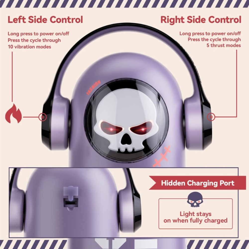 Мастурбатор автоматический BeYourLover SKULL MAN с вибрацией, фрикциями и подогревом, фиолетовый, 30 х 8.7 см фото №3 — секс игрушки: Украина, NO TABOO