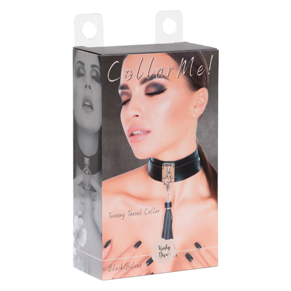 Ошейник с брелком кисточкой Kinky Diva Teasing Tassel черно-серебристый, 43.5 см х 4.5 см, фото №2 — секс шоп Украина, NO TABOO