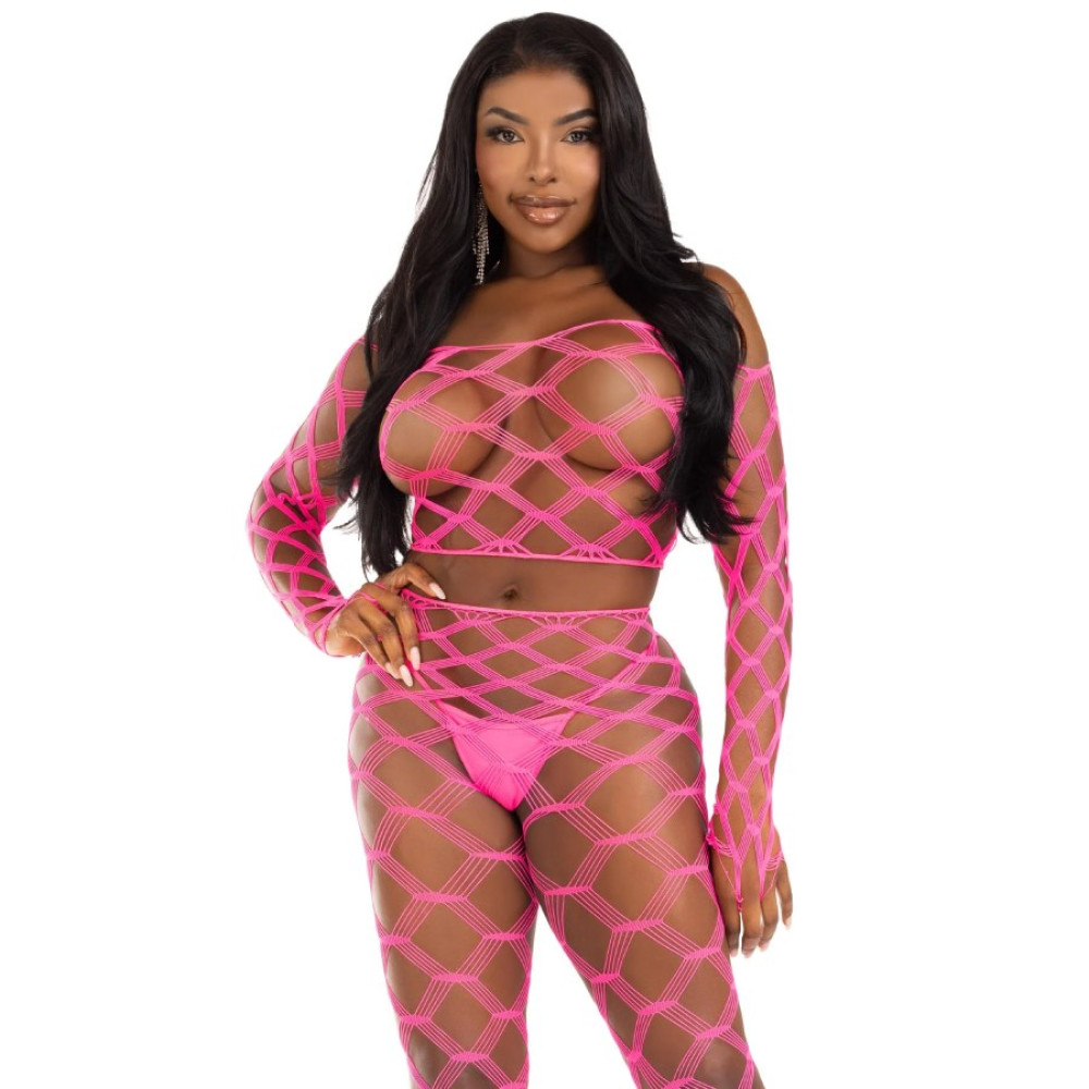 Комплект топ и леггинсы Leg Avenue Never Say Never в крупную сеточку, розовый, One Size, фото №0 — секс шоп Украина, NO TABOO