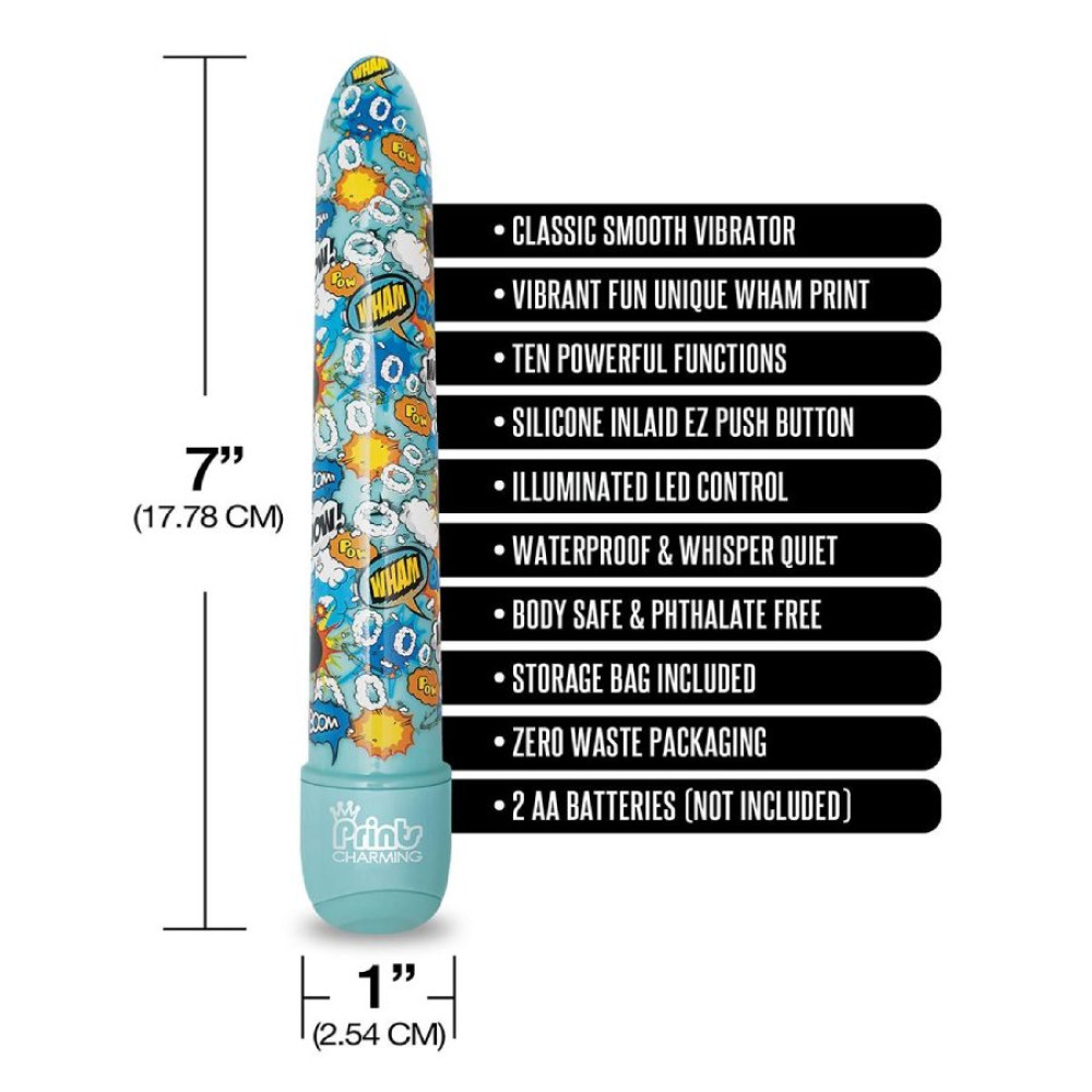 Вибратор Global Novelties Prints Charming Pop Tease с ярким принтом, голубой, 17.7 х 2.5 см фото №4 — секс игрушки: Украина, NO TABOO