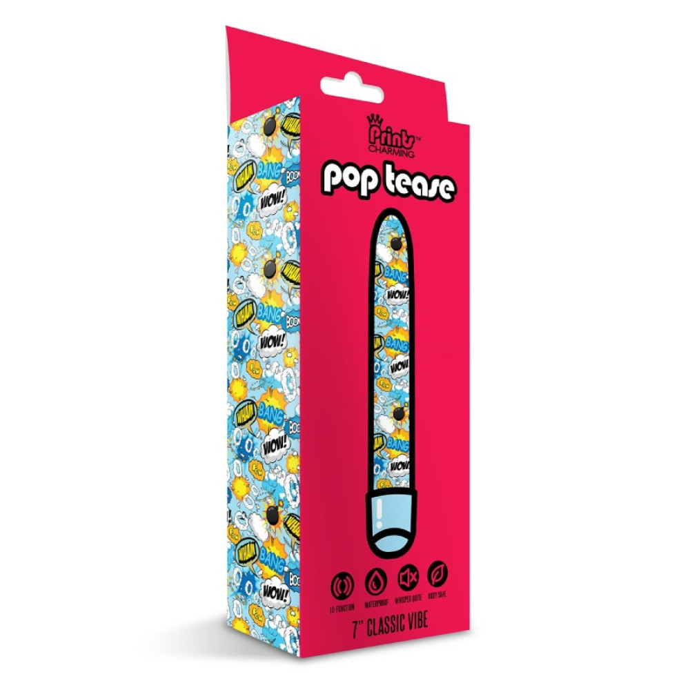 Вибратор Global Novelties Prints Charming Pop Tease с ярким принтом, голубой, 17.7 х 2.5 см фото №2 — секс игрушки: Украина, NO TABOO