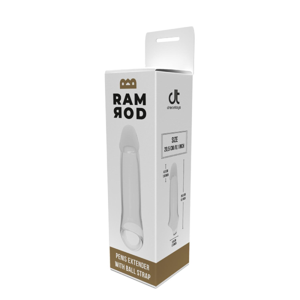 Насадка на пенис Dreamtoys Ramrod с кольцом для мошонки, прозрачная, 20.5 х 4 см фото №2 — секс игрушки: Украина, NO TABOO