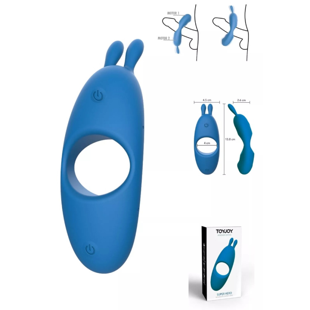 Эрекционное виброкольцо ToyJoy Superhero с ушками для клитора, голубое, 13.8 х 4 см фото №4 — секс игрушки: Украина, NO TABOO