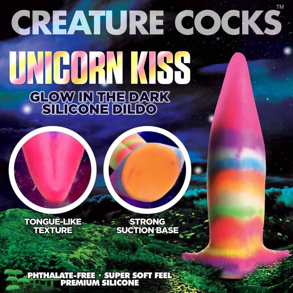 Фаллоимитатор в виде языка XR Brands Unicorn Kiss светящийся в темноте, разноцветный, 21.3 х 5.8 см фото №3 — секс игрушки: Украина, NO TABOO