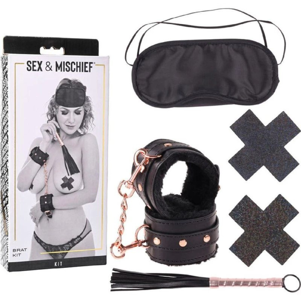 Набор для БДСМ игр Sex & Mischief черный, 4 предмета, фото №2 — секс шоп Украина, NO TABOO