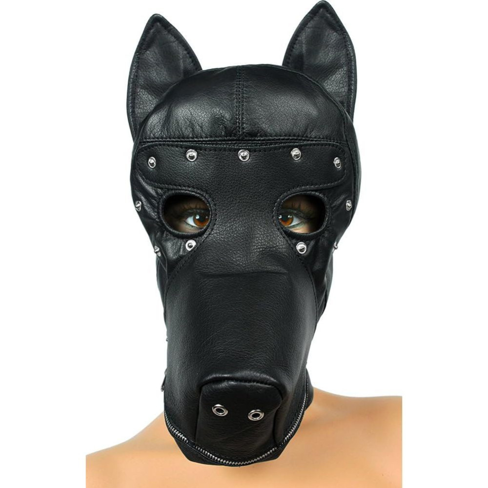 Кожаная маска XR Brands Dog Hood черная, One Size, фото №2 — секс шоп Украина, NO TABOO