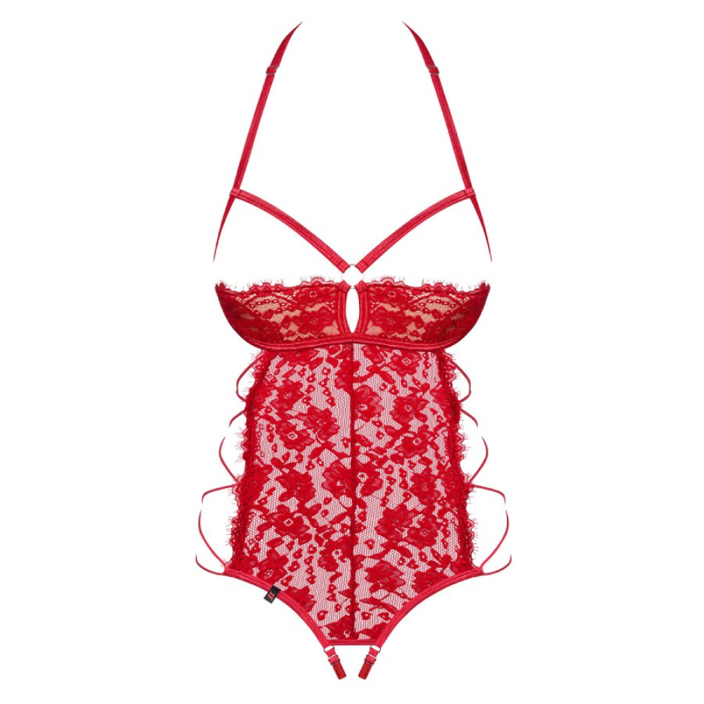 Кружевное боди Obsessive Rediosa с интимным доступом и открытым бюстом, красное, S-M, фото №3 — секс шоп Украина, NO TABOO