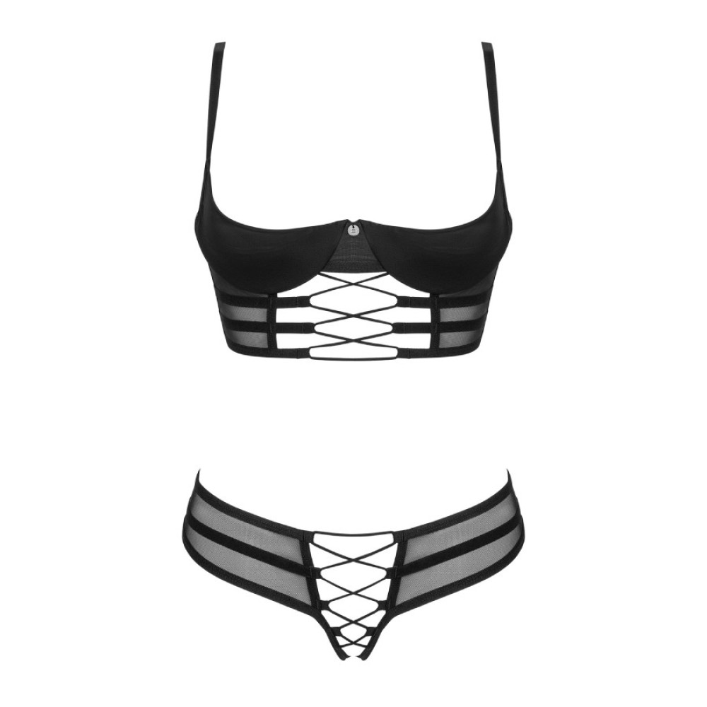 Комплект нижнего белья Obsessive Roxelia с интимным доступом и открытым бюстом, черный, XS-S, фото №3 — секс шоп Украина, NO TABOO