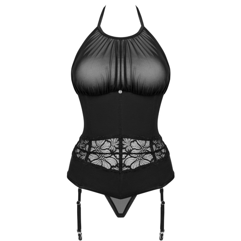 Корсет с трусиками Obsessive Serafia полупрозрачный, чёрный, XS-S, фото №3 — секс шоп Украина, NO TABOO