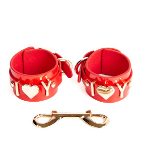 Наручники кожаные NO TABOO с надписью I love Y, красный, One Size - No Taboo