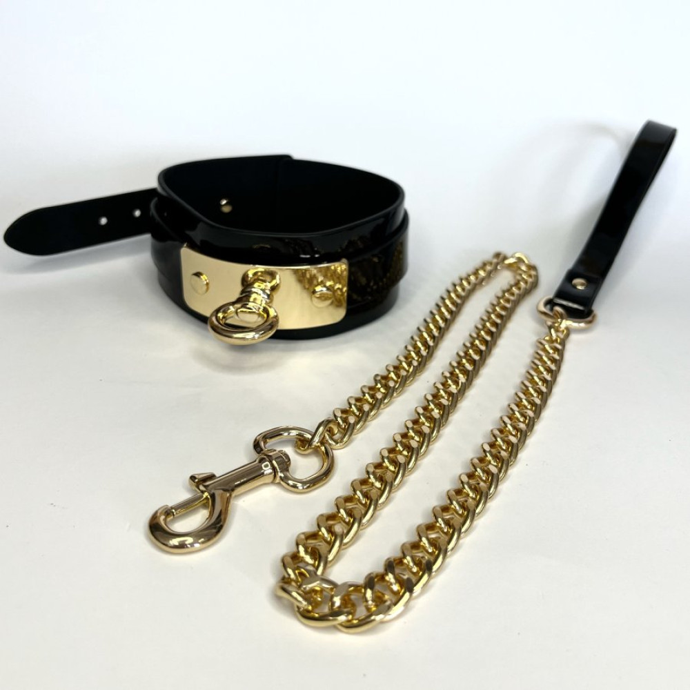 Ошейник кожаный NO TABOO с поводком на цепочке черный, One Size, фото №9 — секс шоп Украина, NO TABOO