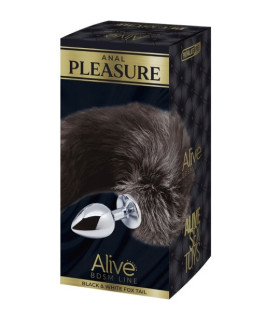 Анальная пробка Alive, M, Лисий хвост, черно-белая, серебристая, 8 х 3.5 см - No Taboo