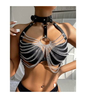 Нагрудный бондаж Star Night из искусственной кожи, с цепочками, черный, One Size - No Taboo