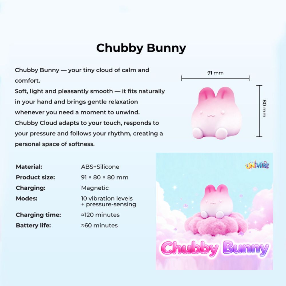 Сенсорный вибратор для клитора Univibe Marshmallow Chubby Bunny, реагирующий на сжатие, розовый, 9,1 × 8 см фото №3 — секс игрушки: Украина, NO TABOO