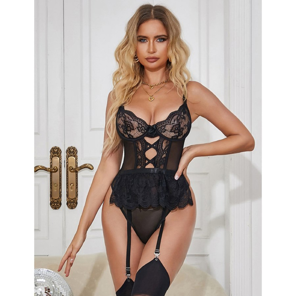 Кружевное боди Star Night с доступом и подтяжками, черное, XS-S, фото №0 — секс шоп Украина, NO TABOO