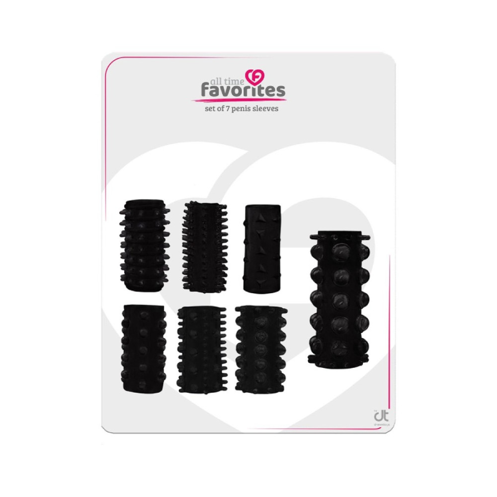 Набор насадок на пенис Dreamtoys All Time Favorites с разными текстурами, черный, 7 шт фото №2 — секс игрушки: Украина, NO TABOO