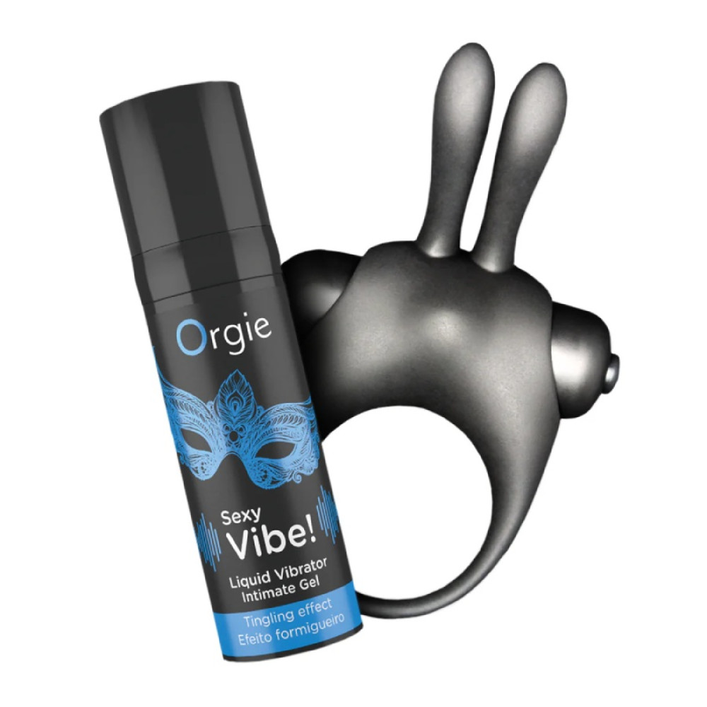 Набор Orgie Vibe! Bunny эрекционное виброкольцо и жидкий вибратор, черный фото №2 — секс игрушки: Украина, NO TABOO