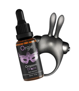 Набір Orgie Orgasmic Bunny ерекційне віброкільце та краплі для клітора, чорний - No Taboo
