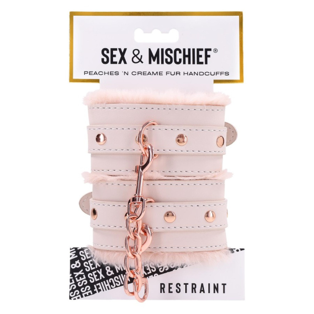 Наручники из искусственной кожи Sex & Mischief Peaches 'n CreaMe с мехом, розовые, 23 см, фото №2 — секс шоп Украина, NO TABOO