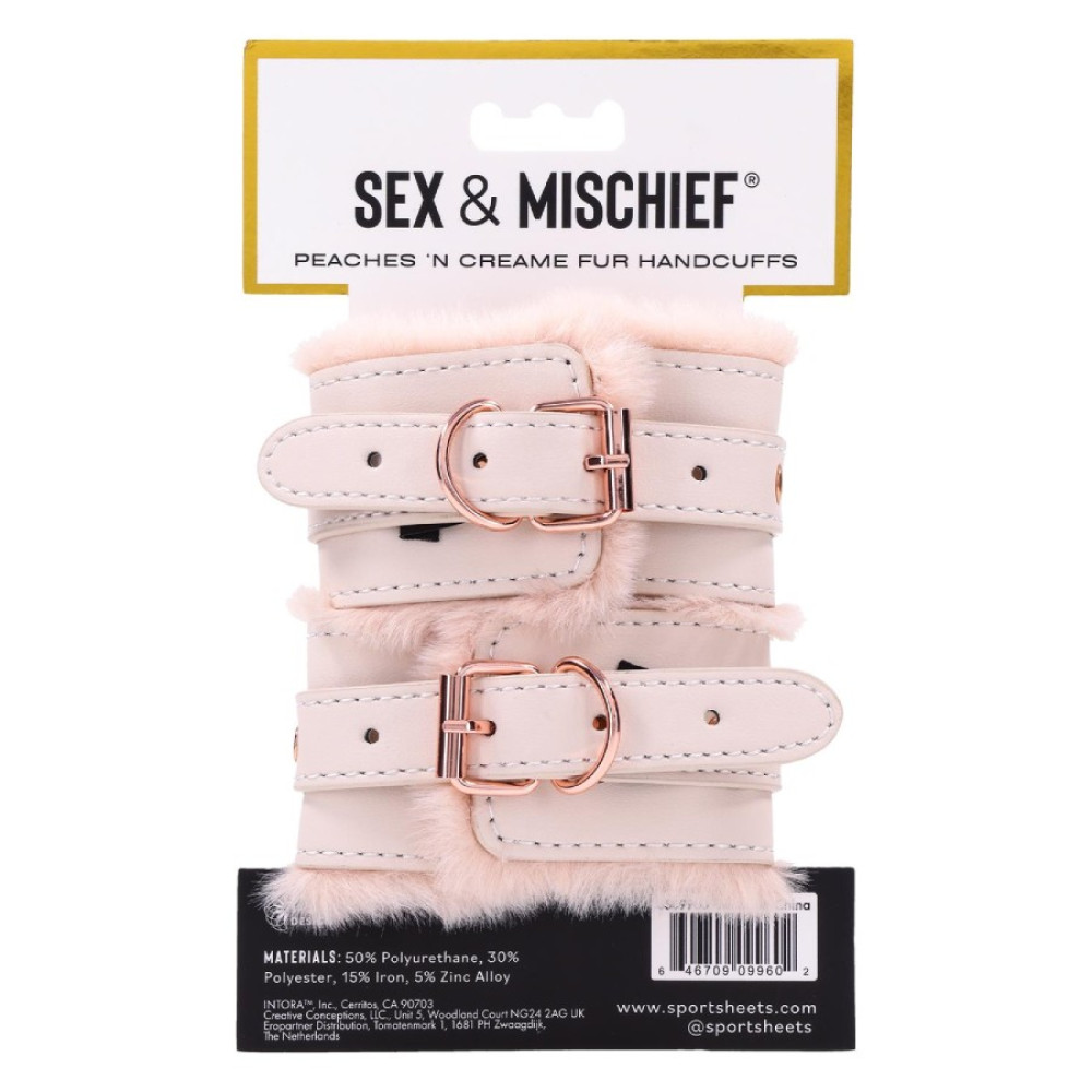Наручники из искусственной кожи Sex & Mischief Peaches 'n CreaMe с мехом, розовые, 23 см, фото №12 — секс шоп Украина, NO TABOO