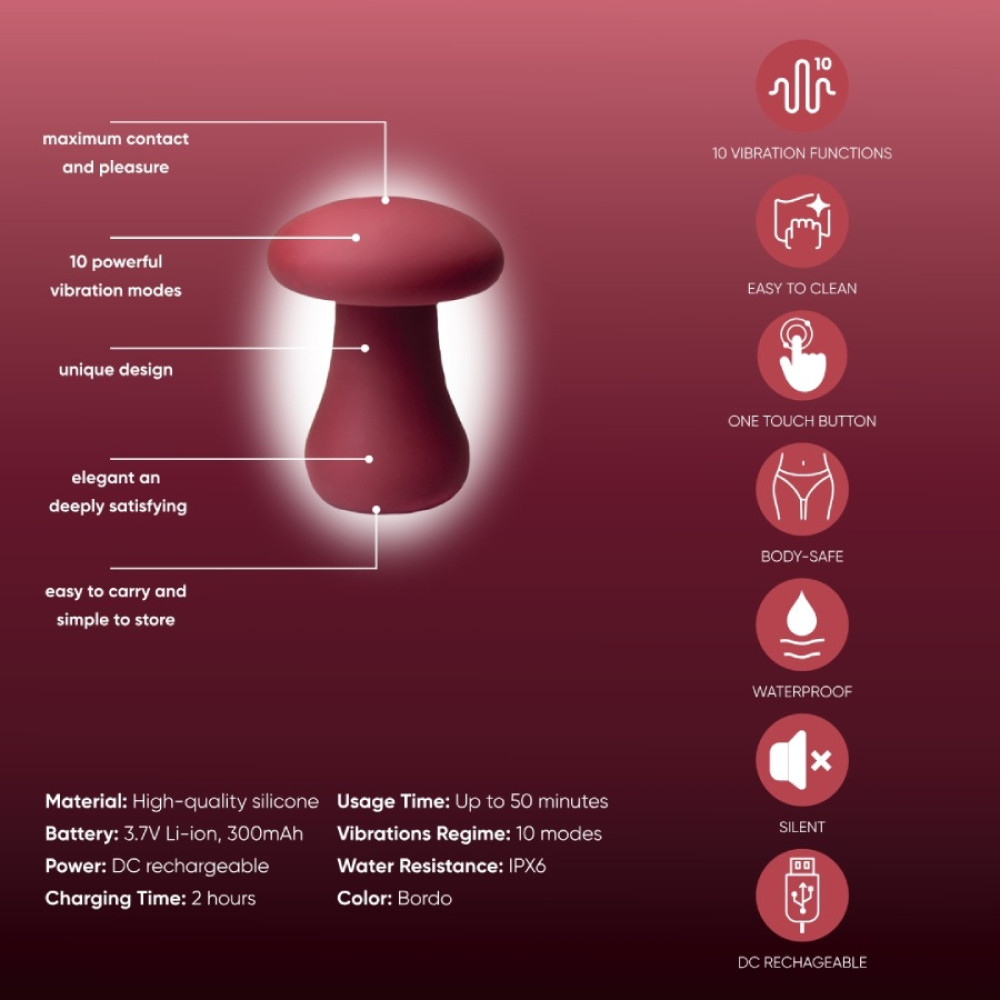 Вибратор Sweet Em Mushroom Mushroom в форме гриба, бордовый, 7.7 х 6 см фото №3 — секс игрушки: Украина, NO TABOO