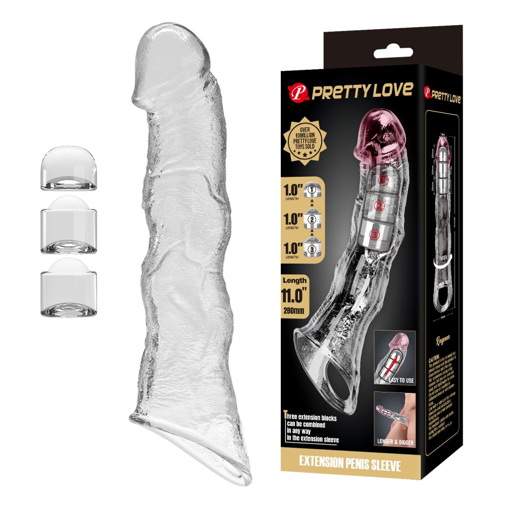 Насадка на пенис Pretty Love Extension с тремя удлинителями, прозрачная, 28 х 5.2 см фото №0 — секс игрушки: Украина, NO TABOO