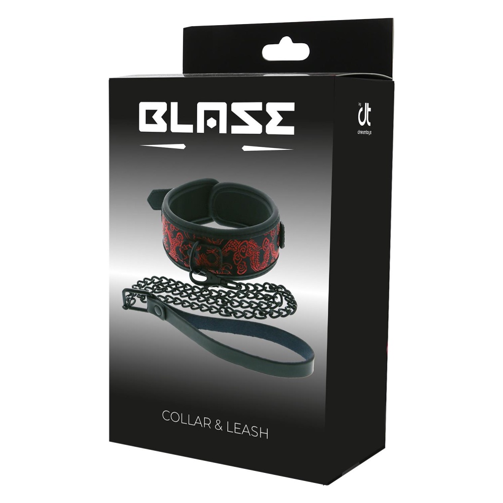 Ошейник с поводком Dream Toys Blaze Deluxe с вышивкой красного цвета, черный, 4.8 см, фото №2 — секс шоп Украина, NO TABOO