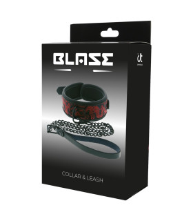 Ошейник с поводком Dream Toys Blaze Deluxe с вышивкой красного цвета, черный, 4.8 см - No Taboo