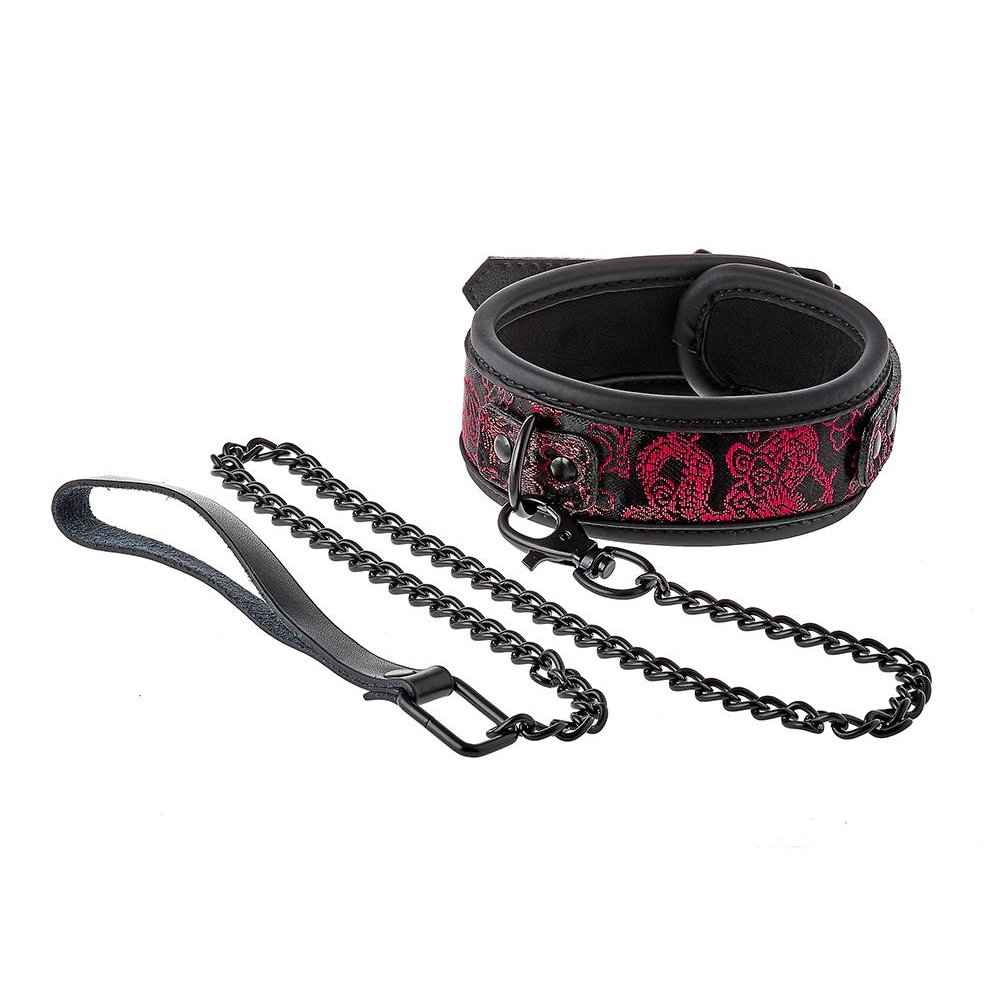 Ошейник с поводком Dream Toys Blaze Deluxe с вышивкой красного цвета, черный, 4.8 см, фото №3 — секс шоп Украина, NO TABOO