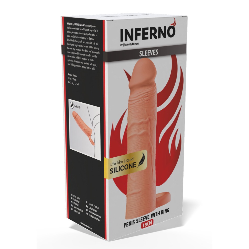 Насадка на пенис Hidden Desire Inferno с кольцом на мошонку, бежевая, 18 х 3,5 см фото №2 — секс игрушки: Украина, NO TABOO