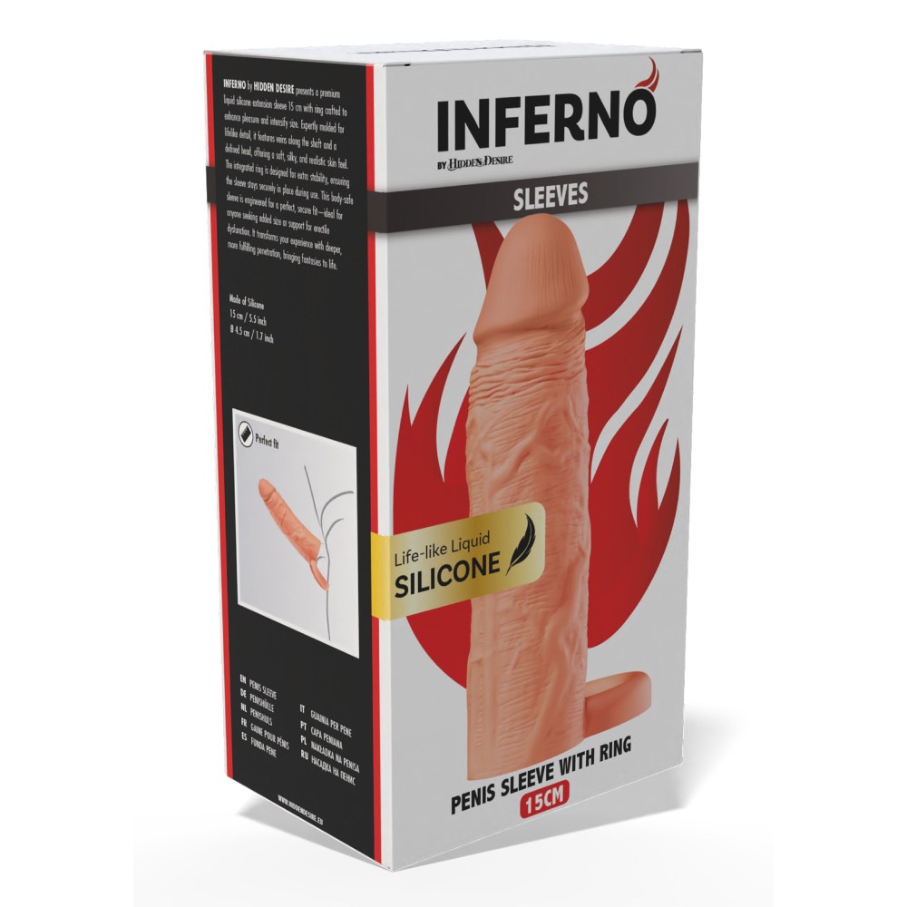 Насадка на пенис Hidden Desire Inferno с кольцом на мошонку, бежевая, 15 х 3,5 см фото №2 — секс игрушки: Украина, NO TABOO