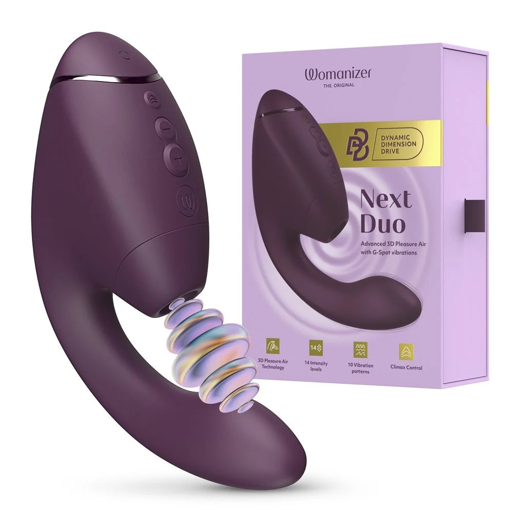 Вакуумный стимулятор Womanizer Next Duo с вибрацией, фиолетовый, 19,3 х 5,6 см фото №0 — секс игрушки: Украина, NO TABOO