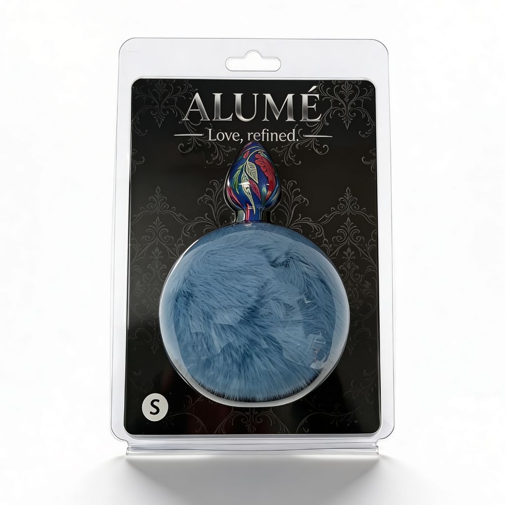 Анальная пробка с узором ALUME, S, металлическая синяя с голубым пушком, 7 х 2.8 см фото №2 — секс игрушки: Украина, NO TABOO