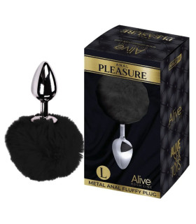 Анальная пробка Alive Anal Pleasure L с черным мехом, серебристая, 9 х 4 см - No Taboo