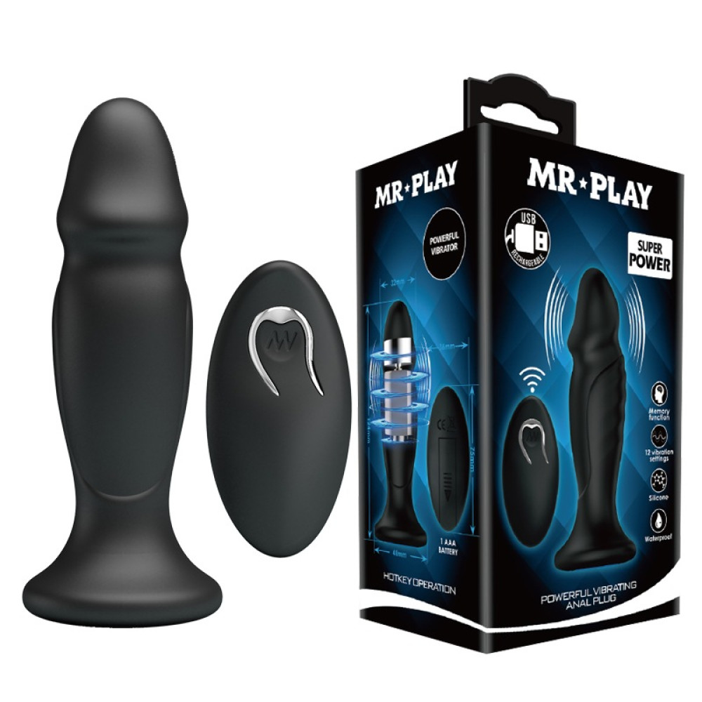 Анальный вибратор Mr Play с пультом, на присоске, черный, 12.4 х 3.2 см фото №0 — секс игрушки: Украина, NO TABOO