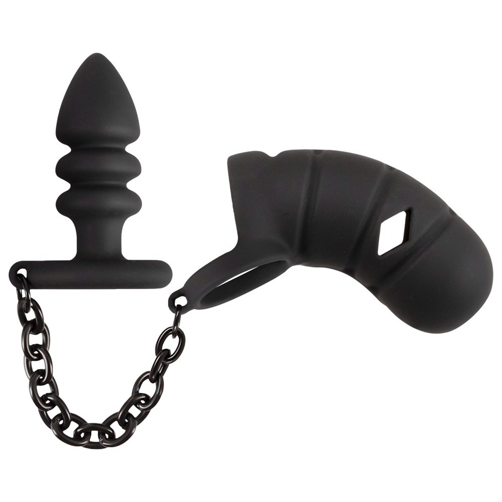 Мужской пояс верности Black Velvets с анальной пробкой, черный, фото №0 — секс шоп Украина, NO TABOO