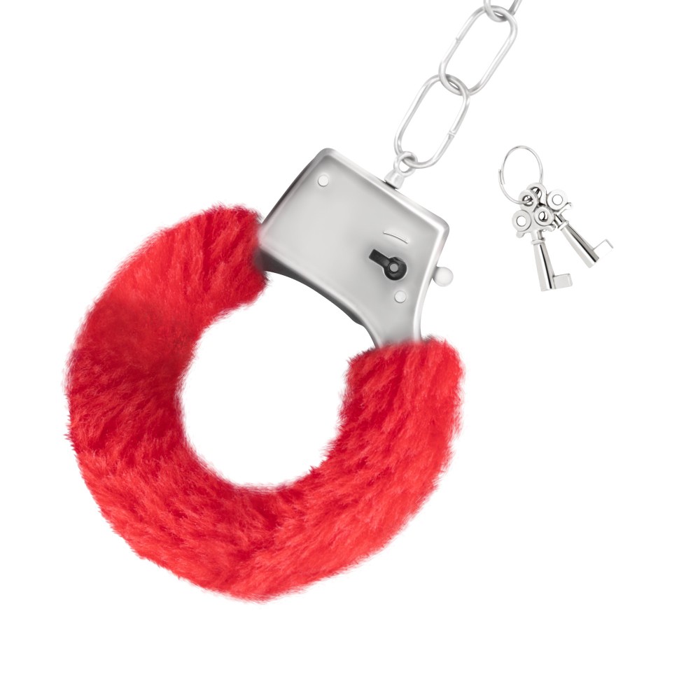 Наручники металлические Crushious Love Cuffs с искусственным красным мехом, серебристые, фото №3 — секс шоп Украина, NO TABOO