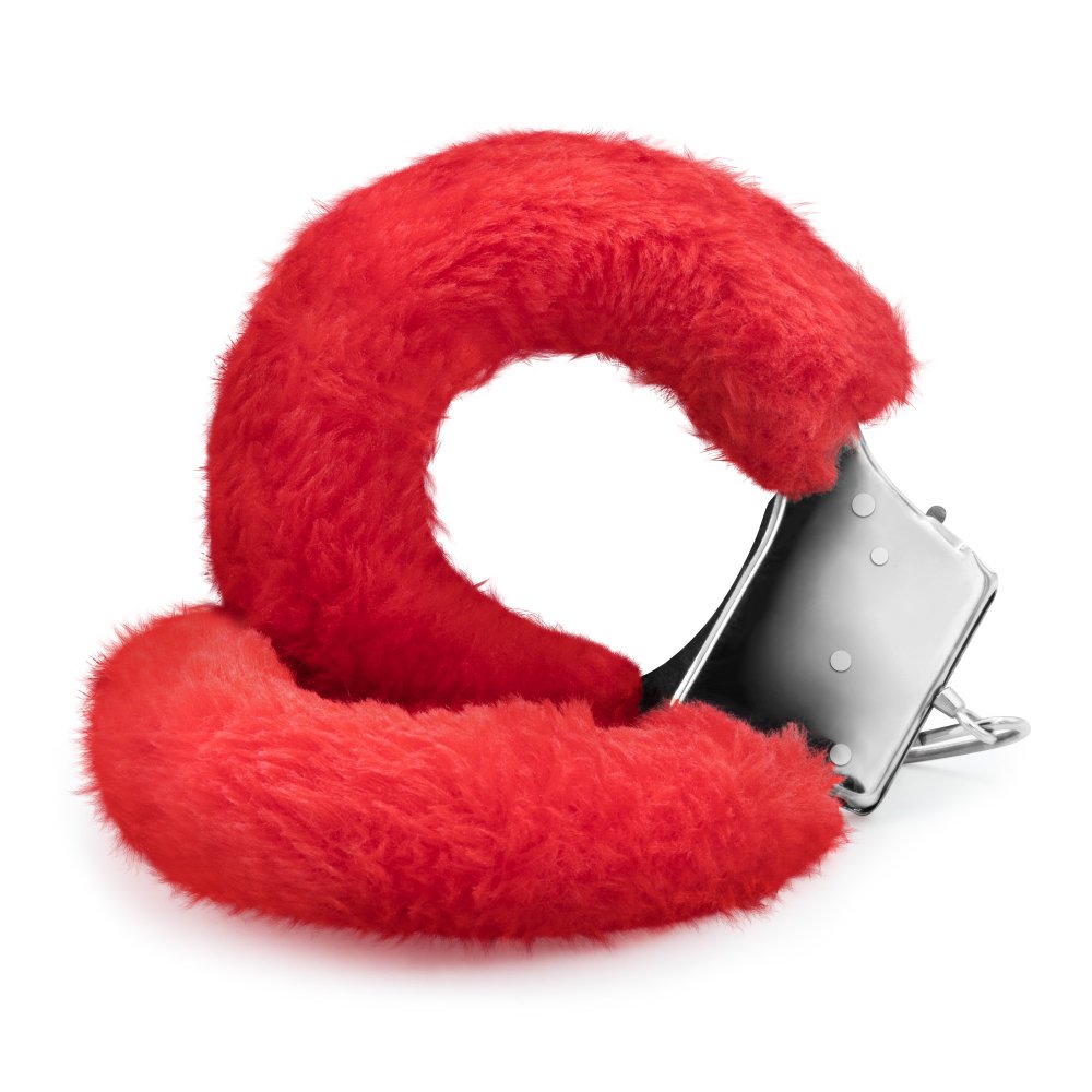 Наручники металлические Crushious Love Cuffs с искусственным красным мехом, серебристые, фото №4 — секс шоп Украина, NO TABOO