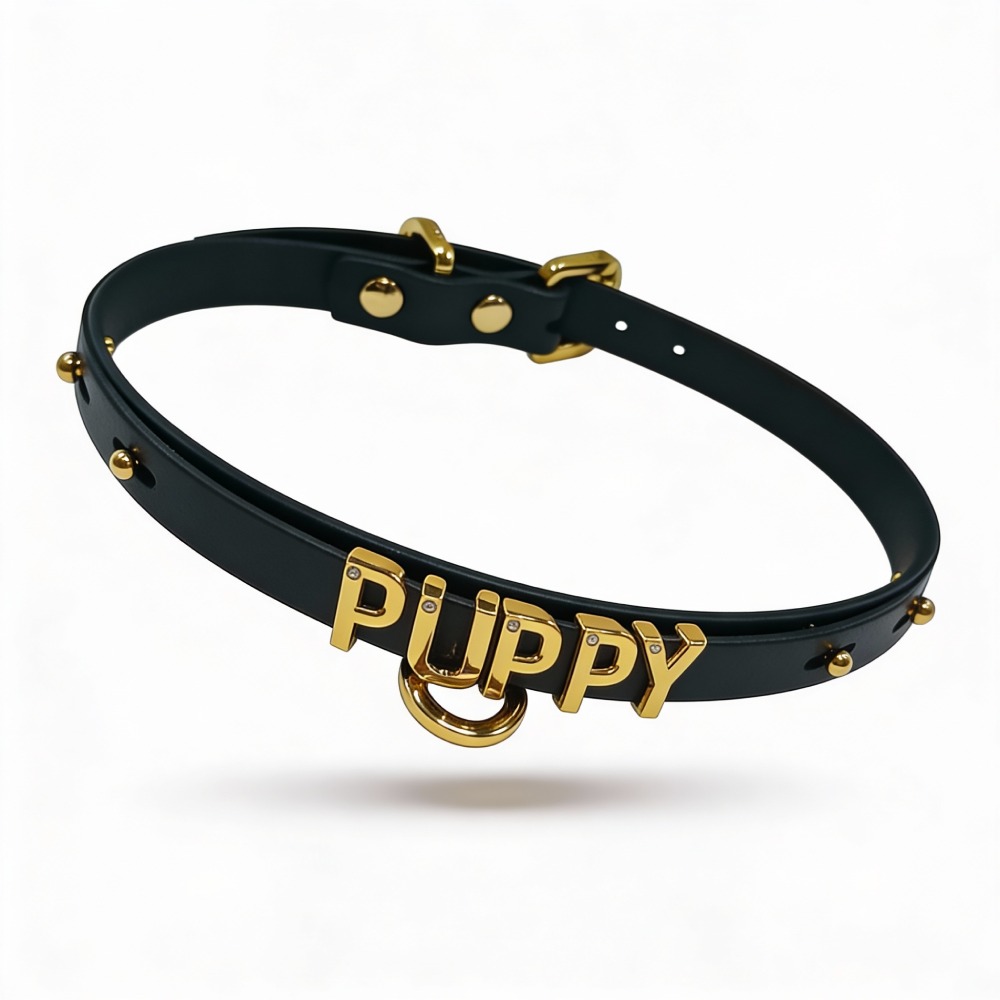 Чокер с надписью PUPPY от UPKO из итальянской кожи, черный с золотой фурнитурой, фото №4 — секс шоп Украина, NO TABOO