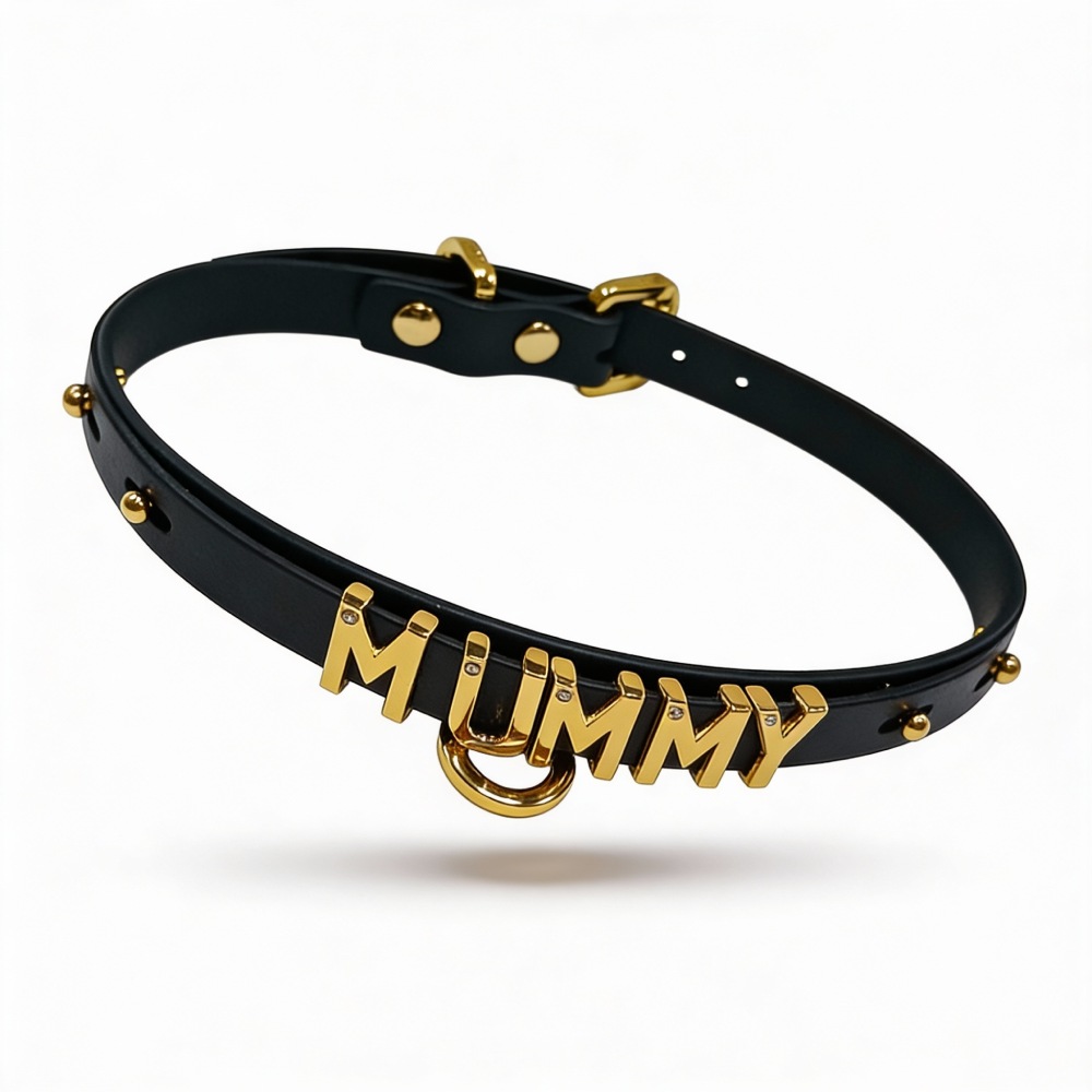 Чокер с надписью MUMMY от UPKO из итальянской кожи, черный с золотой фурнитурой, фото №3 — секс шоп Украина, NO TABOO
