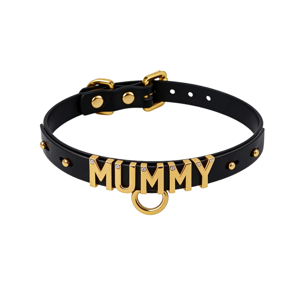 Чокер с надписью MUMMY от UPKO из итальянской кожи, черный с золотой фурнитурой, фото №0 — секс шоп Украина, NO TABOO