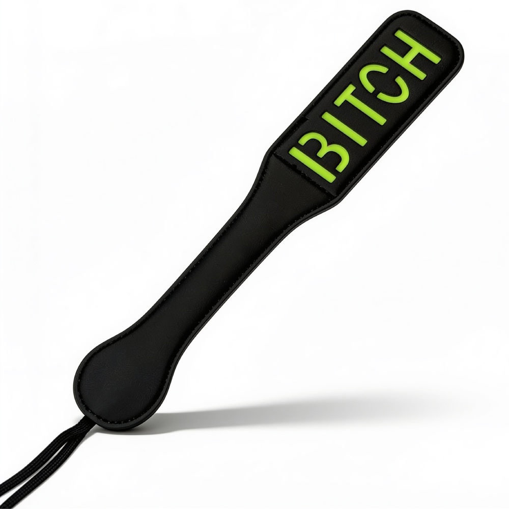 Паддл DS Fetish с люминесцентной надписью BITCH, черный, фото №2 — секс шоп Украина, NO TABOO