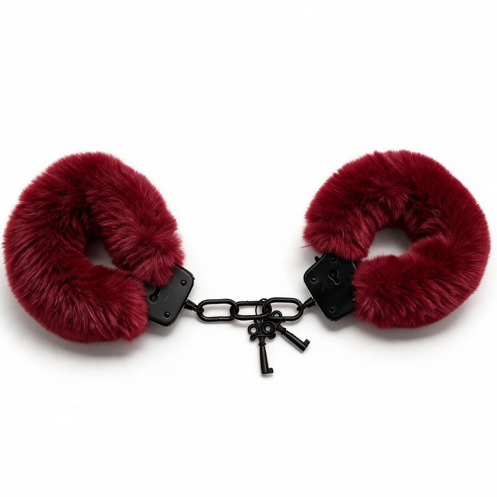 Наручники металлические WOW Fetish с красным мехом, черные, фото №0 — секс шоп Украина, NO TABOO