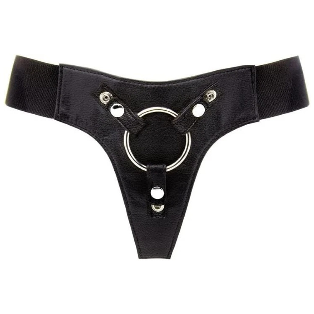 Трусики для страпона REALROCK Elastic Harness с кольцом, кожаные, чёрные, One Size фото №2 — секс игрушки: Украина, NO TABOO