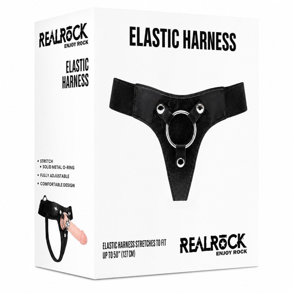 Трусики для страпона REALROCK Elastic Harness с кольцом, кожаные, чёрные, One Size фото №0 — секс игрушки: Украина, NO TABOO