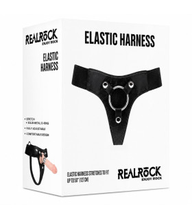 Трусики для страпона REALROCK Elastic Harness с кольцом, кожаные, чёрные, One Size - No Taboo
