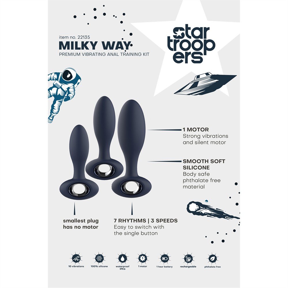 Набор анальных пробок Dream Toys Milky Way, две с вибрацией, синий, 3 шт. фото №14 — секс игрушки: Украина, NO TABOO