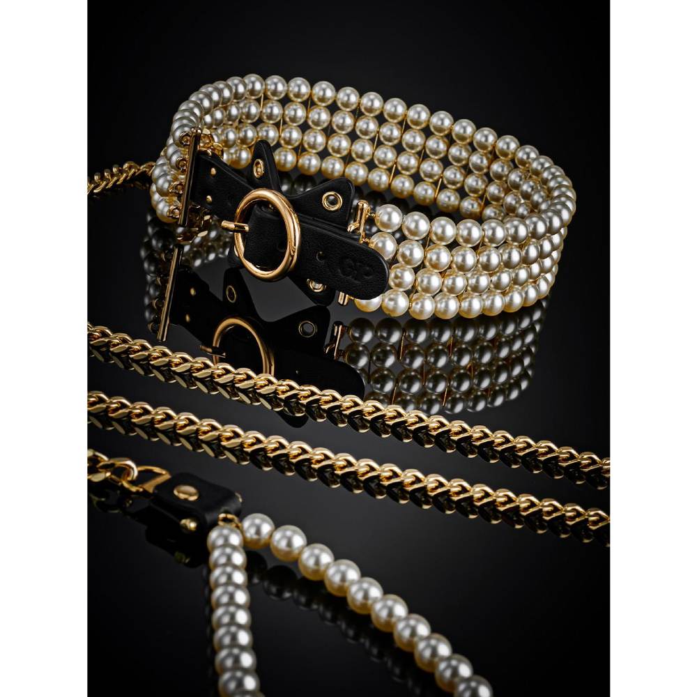 Ошейник с поводком Guilty Pleasure Luminious Pearl с жемчугом, черный, фото №7 — секс шоп Украина, NO TABOO