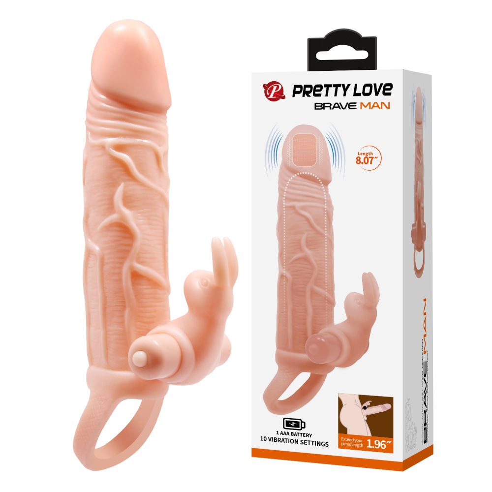 Вибронасадка на пенис Pretty Love Brave Man с ушками кролика, бежевая, 20.5 х 4 см фото №0 — секс игрушки: Украина, NO TABOO